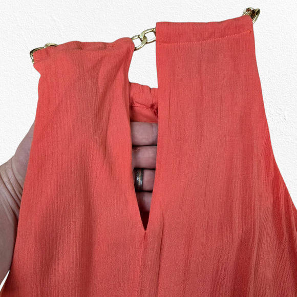 JustFab Coral Pink Boho Sleeveless Chain Halter Chiffon Maxi Dress Size Small - Picture 10 of 11